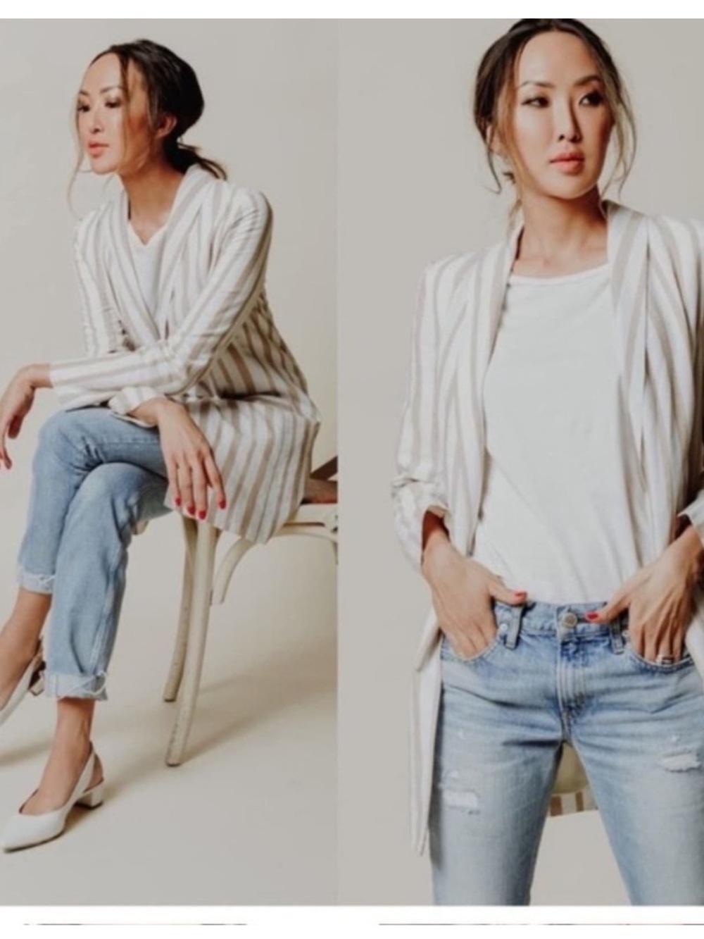 J.O.A. Chriselle Striped Cotton Longline Blazer in Ivory and Taupe, Small * 📸